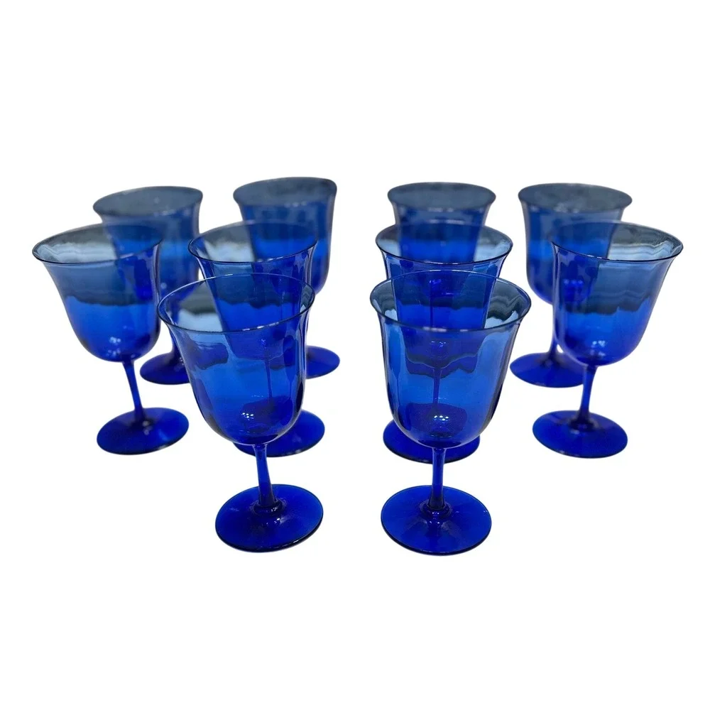 Unbranded Cobalt Blue Wine Goblets Set of 10 Tulip Stemware Glass Mid Century